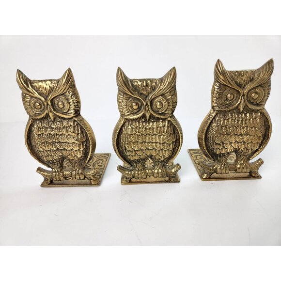 Vintage Brass Style Metal MCM Owl Bookends Three Gold Tone Boho Hippie Korea - Picture 11 of 16